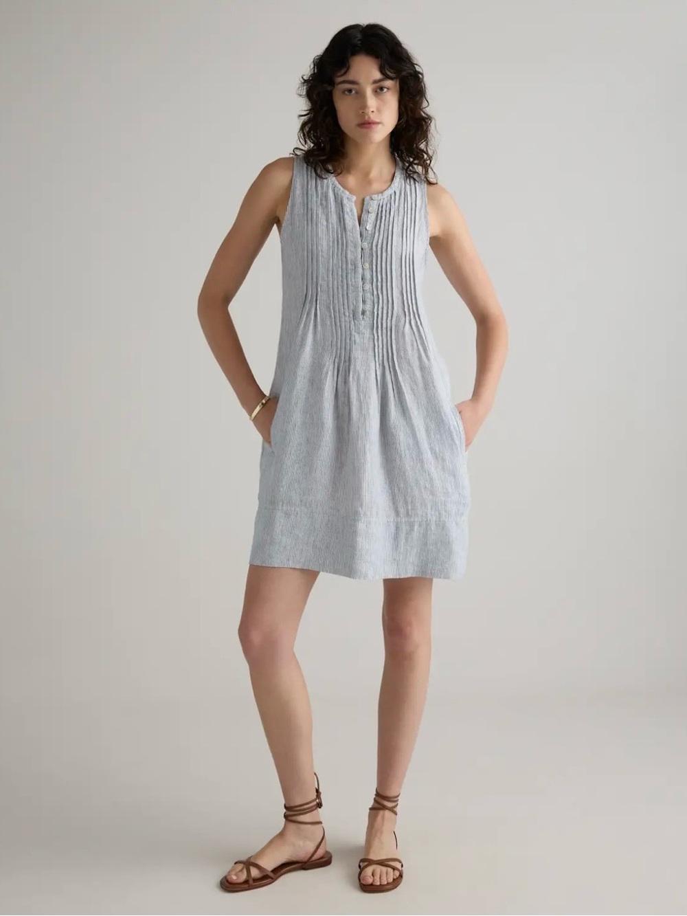 Quince 100% European Linen Pintuck Swing Dress Blue White Stripe Sleeveless XL